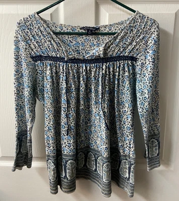 Lucky Brand Top Womens M Blue Floral Gathered Tied V Neck Boho Border - Image 1 of 4