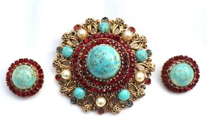 Vintage Karu Arke Türkis Cabochon Rot Strass Brosche/Anhänger & Ohrringe Set - Bild 1 von 9
