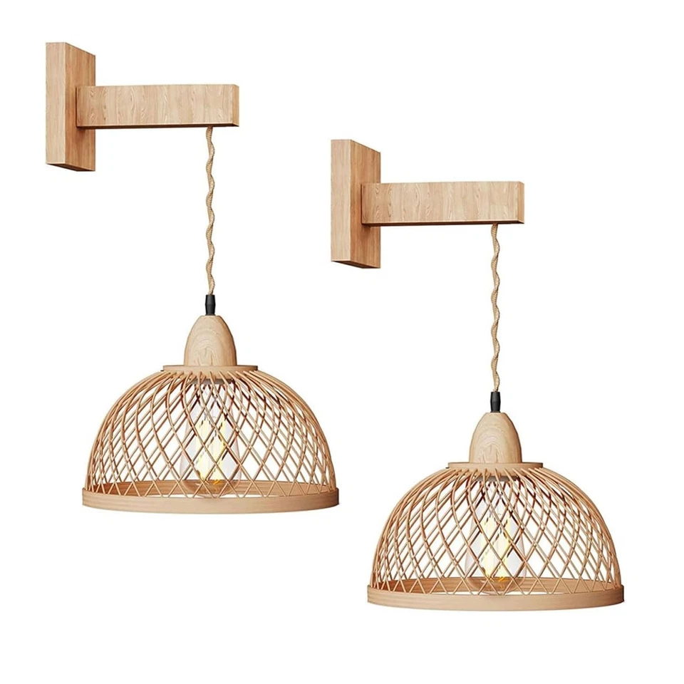 2 Piezas Apliques de Pared Lámpara de Mimbre Cordón Tejido a Mano Ratán Lámpara de Pared Farmhou... Foto 1 de 4