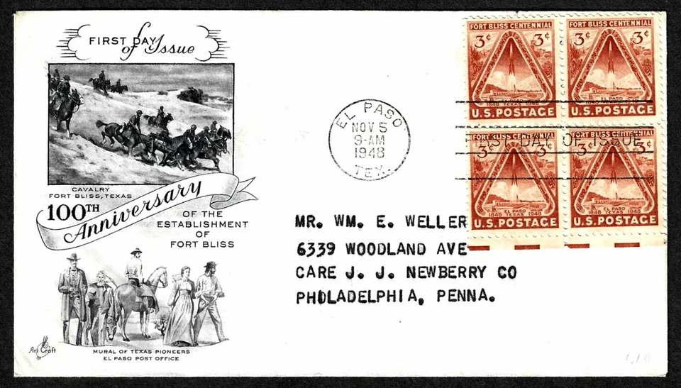 USA, SCOTT # 976, ARTCRAFT FDC COVER 1948 FORT BLISS CENTENNIAL BLOCK, ADDRESSED - Image 1 of 1