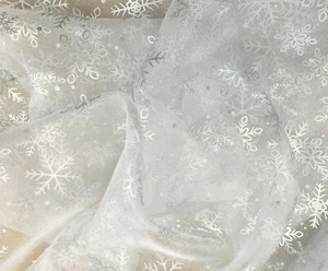 Christmas Fabric by the Metre | White & Silver Foil Snowflake | Organza Fabric - Picture 1 of 6