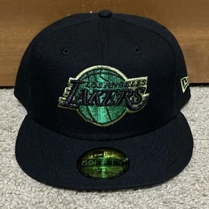 New Era Los Angeles Lakers Metallic Pop 59Fifty Fitted Hat Black/Green Cap 7 3/4 - Picture 1 of 5