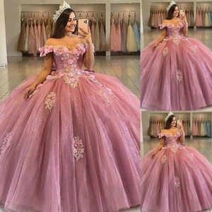 Charming Off The Shoulder Quinceanera Dresses Pink 3D Flowers Sweet 16 Ball Gown - Picture 1 of 10