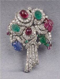 Carved Multi Color Stone Cabochon & Moissanite Platinum Plated 925 Silver Brooch