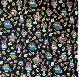 Marcus Brothers Flowers & Music Black & Gold Cotton Fabric 2 Yards - Picture 1 of 1
