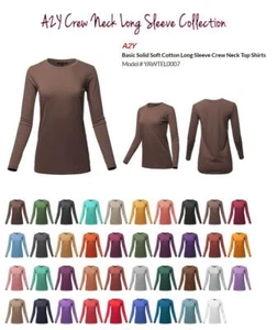 Basic Solid Soft Cotton Long Sleeve Crew Neck Top Shirts - Picture 1 of 36