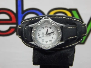 Timex Watch Women Silver Tone black Leather Cuff - Picture 1 of 5