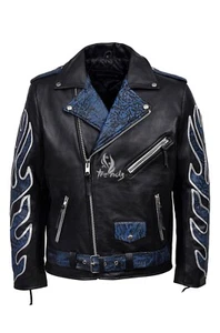 Klassische BRANDO Black Blue Flame Herren Biker Fell Echt Leder Jacke MBF - Bild 1 von 5
