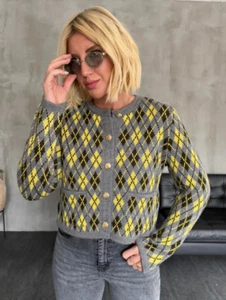 Zara Argyle Heavy Knit Cardigan Jumper Grey Green Yellow S L XL 6427/137 New - Picture 1 of 24
