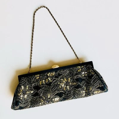 Valerie Stevens Beaded Floral Black & Gold Evening Bag Clutch Chain & Long Strap - Image 1 of 4