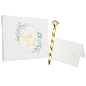 9.3x7" Flower Wreath Cover Guest Book with Diamond Signing Pen and Greeting Card - Imagen 1 de 6