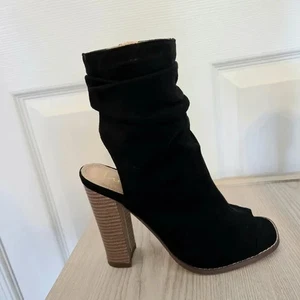 Lulus Black Open Toe Open Back Zip Up Scrunched Stacked Heel Booties Size 7 - Picture 1 of 9