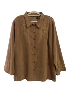 Club Z Collection Women's 3x Button Shirt Brown Suede Western Embroidered Collar - Picture 1 of 13