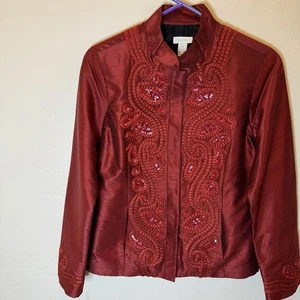 Chicos Red Wearable Art Ribbon Sequin Jacket Blazer Lined Christmas Size Small-0 - Picture 1 of 9