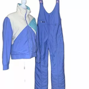 Vintage 70er Jahre blau grün weiß Aspen Skibekleidung Damen Gr. Large zweiteiliger SKIANZUG - Bild 1 von 11