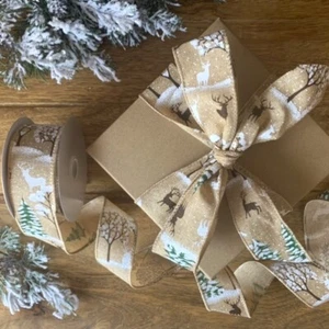 Christmas Winter Stag Printed Ribbon Wired Edge Burlap Natural Jute Rustic - Picture 1 of 2