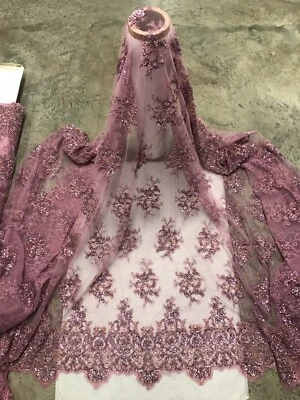 Rose Pink Beaded Sequins Embroidery Bridal Lace Fabric 50”Width Sold By The Yard - Image 1 of 4