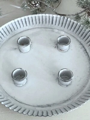 Tablett mit 4 Kerzenhalter Kerzentablett rund, Adventskranz Advent, Shabby  Weiß - Bild 1 von 3