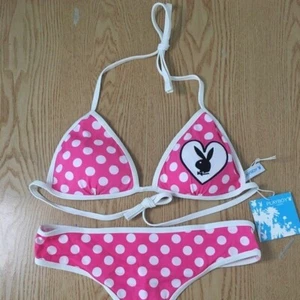 New Womens 2pc Super Sexy Playboy Polka Dot Thong Swimsuit Bikini Size Large - Picture 1 of 14