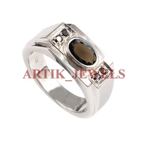 Natural Smoky Quartz & Spinel with 14K White Gold Plated Silver Men's Ring #2735 - Picture 1 of 15