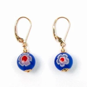 10mm Blue Venetian Glass Bead Lever Back Earrings 14K Gold Gold Filled Or Silver - Picture 1 of 1