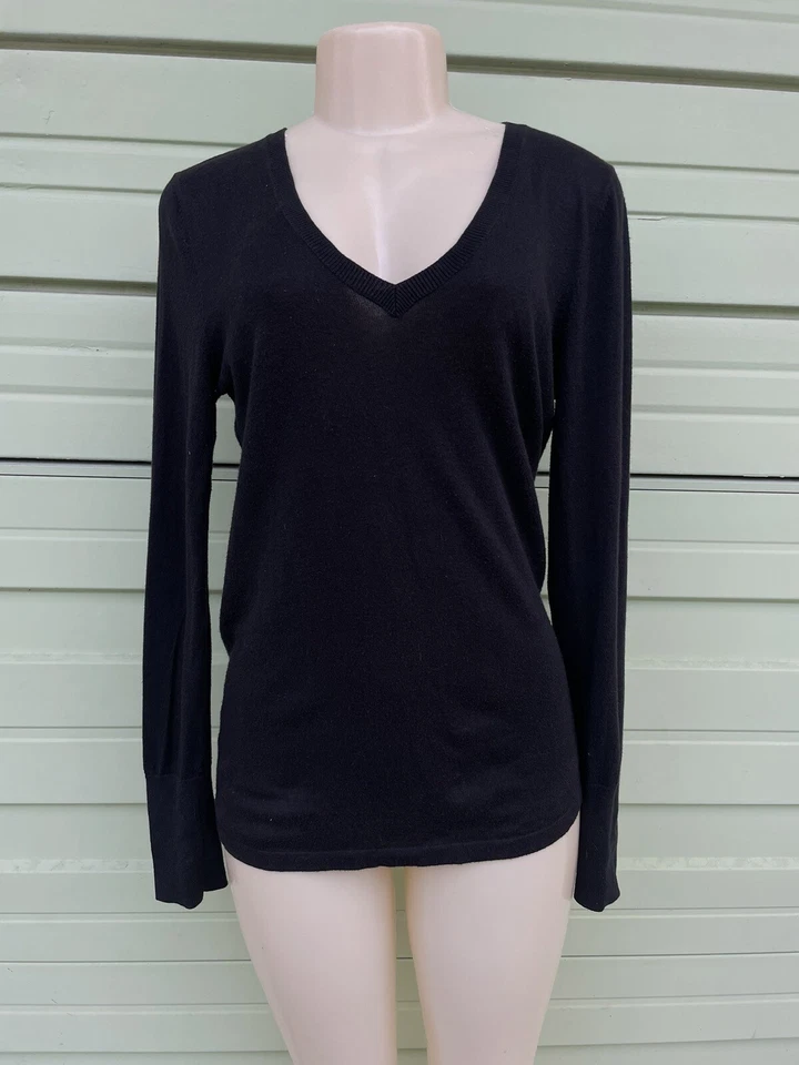 Halogen Womens Small Faux Wrap Surplice V-Neck Long Sleeve Sweater Black #6692 - Image 1 of 4