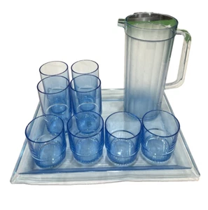 8 Tupperware Blue Acrylic Preludio Tumblers 1672 1673 Tray 1633 Pitcher 2003-a - Picture 1 of 9
