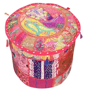 Boho Ottoman Footstool Pouf Cover 18 Inch Patchwork Embroidered Round Cotton - Picture 1 of 3