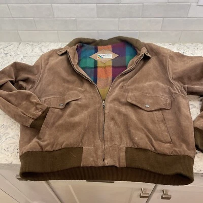 Chaqueta de bombardero de cuero gamuza forrada a cuadros marrón con cremallera XL solo para miembros de colección Foto 1 de 4