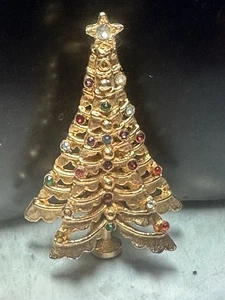 Broche/Pin Vintage Dimensional Navidad Tono Dorado, Coloridos Estrás, - Imagen 1 de 9