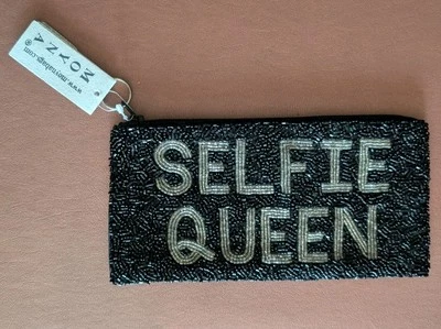 Moyna Black Beaded Sml Purse "Selfie Queen" Make Up Phone Kitson Zipper Closure - Image 1 of 4