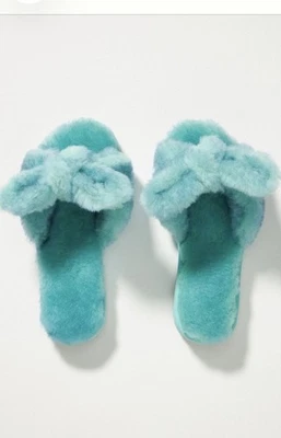 EMU Australia x Anthropologie Naledi Bow Slippers Slides Shearling Size 7 Teal - Image 1 of 4