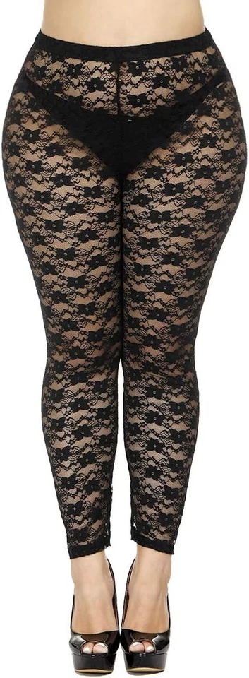 Women's Floral Sheer Mesh Stretchy Lace Pattern Capris Leggings 80s Costume pant - Image 1 of 4