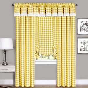 Yellow Checkered Plaid Gingham Kitchen Window Curtain Drapes Panel Valance Shade - Picture 1 of 10