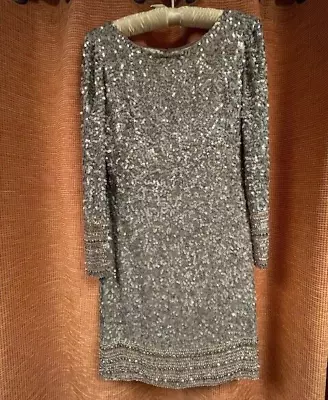 Scala 48356 Champagne Sequined Jewel Neck Sheath Mini Dress Long Sleeve Size 6 - Image 1 of 4