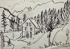 Zeichnung Impressionist NR37 Rolf Diener Hamburg Landschaft mit Haus 1964