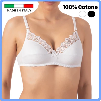 Reggiseno SENZA FERRETTO in cotone PURO 100% con pizzo donna coppa B nero bianco - Image 1 of 3