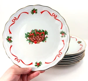 Set 4 Walbrzych Holiday Ribbon Dinner Plates 10" POLAND Basket Of Cheer Vintage - Picture 1 of 15