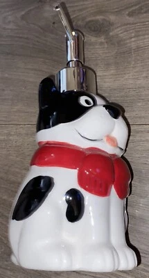 "Dispensador de jabón de manos para perros negro/blanco con arco rojo cocina albornoz 7,5X3,5"" usado en excelente estado" Foto 1 de 4