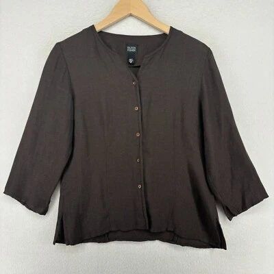 EILEEN FISHER Top XS Viscose Linen Blend Basketweave Button Up Brown USA - Imagem 1 de 4