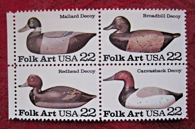 Scott #2138-41 Folk Art Carved Duck Decoys 1985 Block of 4 22¢ US Stamps Mint NH - Image 1 of 2