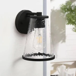 LNC Matte Black Outdoor Wall Lantern Sconce w/ Cone Textured Glass Shade A05063B - Picture 1 of 6