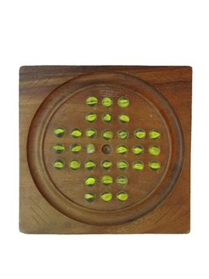 Vintage Marble Solitaire Game ~ Wooden Base & 32 Yellow Cat's Eye Marbles (350) - Image 1 of 4