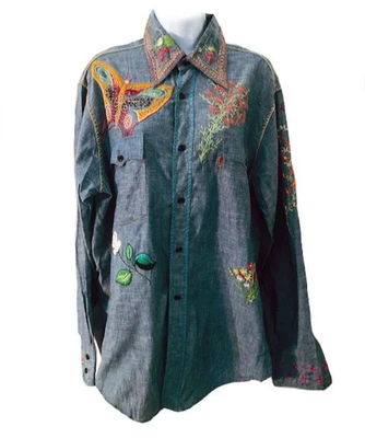 Levis Orange Label Embroidered Vintage 70s Chambray 100% Cotton Denim Shirt LG - Image 1 of 4