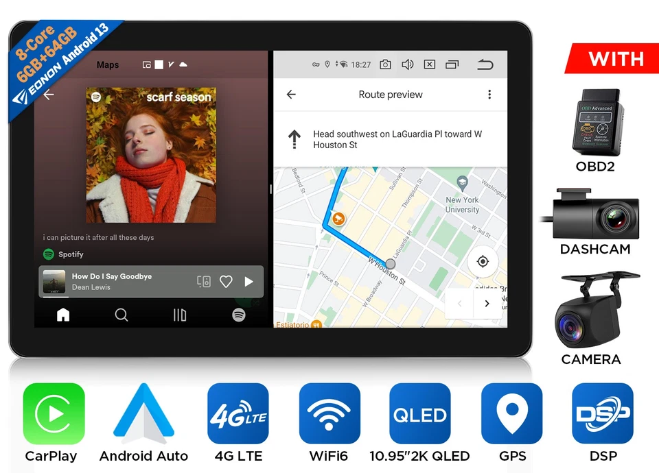DVR+OBD+ 10.95" Car Stereo Android 13 2K QLED Screen GPS 4G LTE Wireless CarPlay - Image 1 of 4