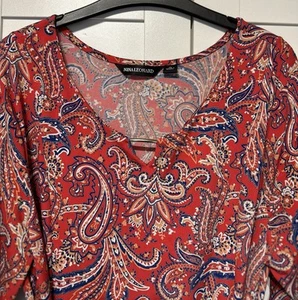 NINA LEONARD * 14 * RED, NAVY, ORANGE PAISLEY PRINT BELTED TEA DRESS * EXCELLENT - Picture 1 of 14