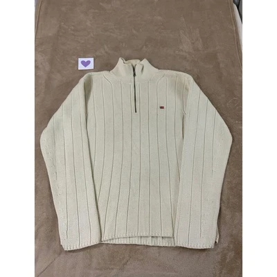 Polo Jeans Co. Ralph Lauren cable Knit 1/4 Zip Sweater Mens M White Ribbed flaw - Image 1 of 4