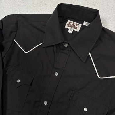 ELY Cattleman 西部衬衫男孩大号 14-16 黑/白珍珠扣牛仔礼物 — 第 1/4 张图片