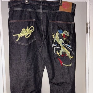 Vintage Y2K Christian Audigier Ed Hardy Embroidered Buddha Baggy Jeans Sz 44/32 - Picture 1 of 13