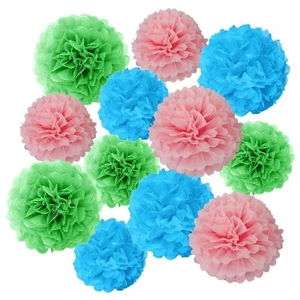 12pcs Blue Pink and Green Paper Pom Poms Decorations 3 Colors of 12 Inch 10 I... - Picture 1 of 3